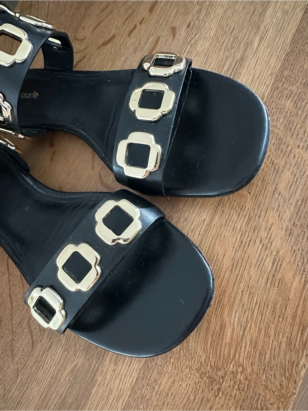Larroude Milan Black Leather Sandal with Gold Accent, Size 8 - Picture 3 of 15